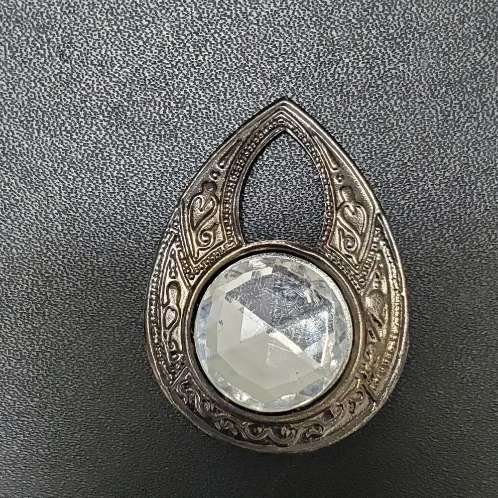 Dark silver tone rhinestone teardrop shaped brooch